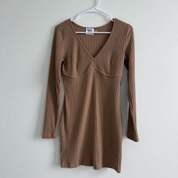 Princess Polly Knit Ribbed Brown Mini Dress Long Sleeve Minimalist Party Sz 8 - Picture 2 of 9